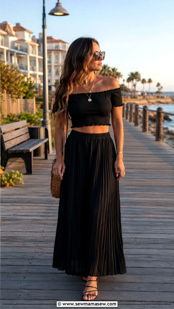 Black pleated maxi skirt with an off shoulder crop top and flat sandals - 30 Pleated skirt outfit ideas with a crop top