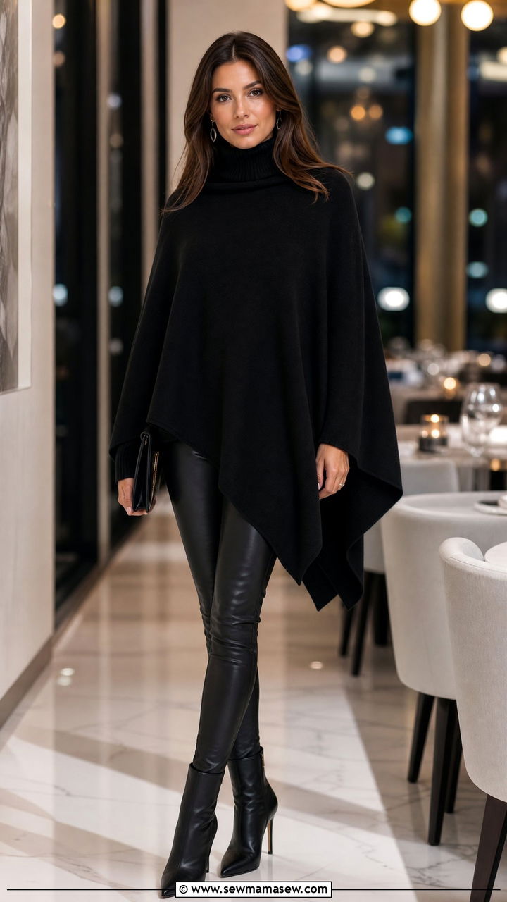 Black poncho with leather leggings and heeled boots - 25 How to style a poncho