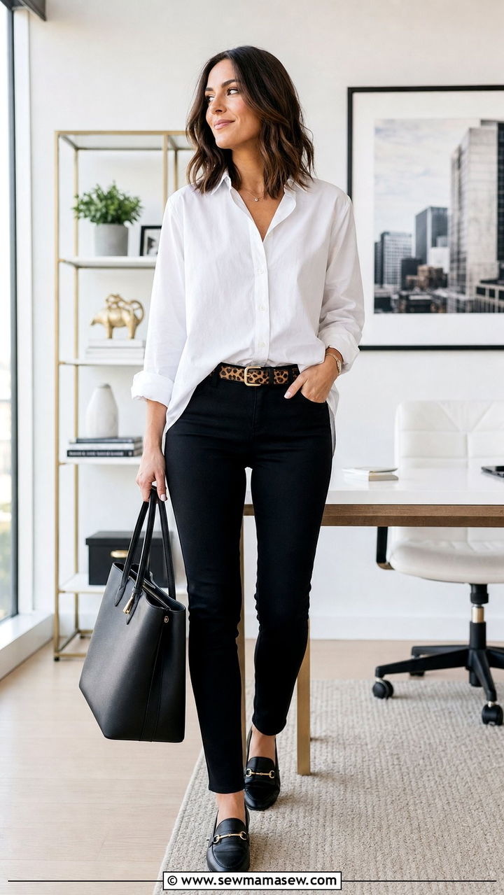 Black ponte pants with an oversized button up - 25 Empty nester outfit ideas