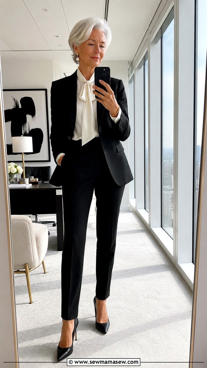 Black power suit with white tie neck blouse - 20 Christine Lagarde style outfit ideas