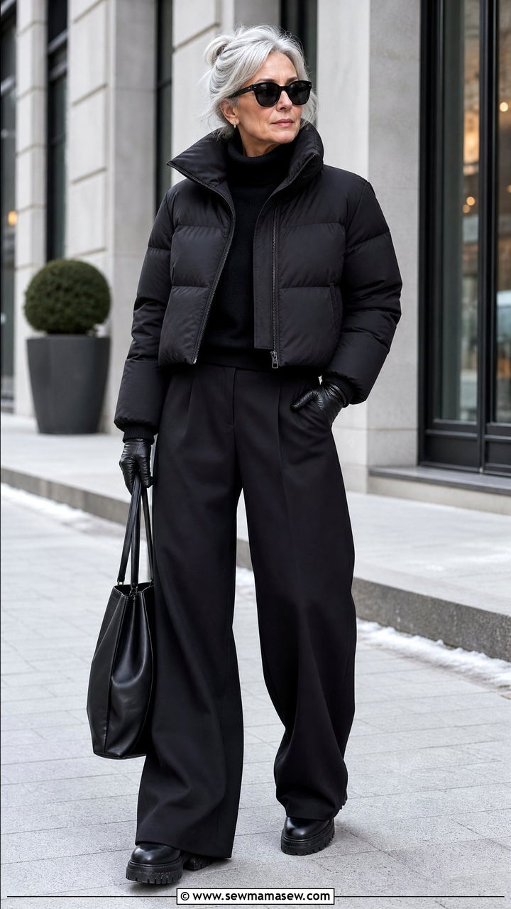 Black puffer and wide leg pants matching set - 30 matching set outfits for women over 40
