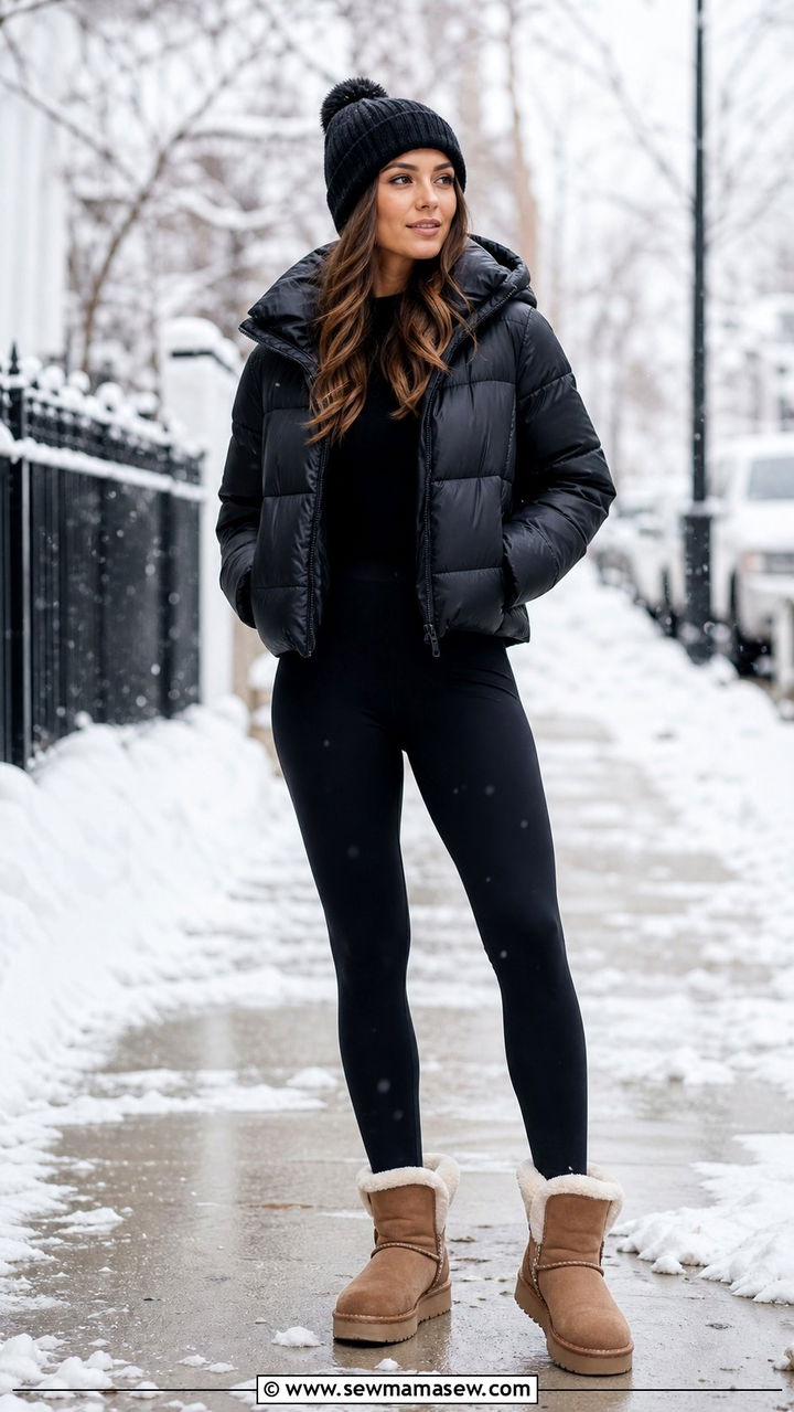 Black puffer jacket with black leggings - 35 black outfit ideas for women