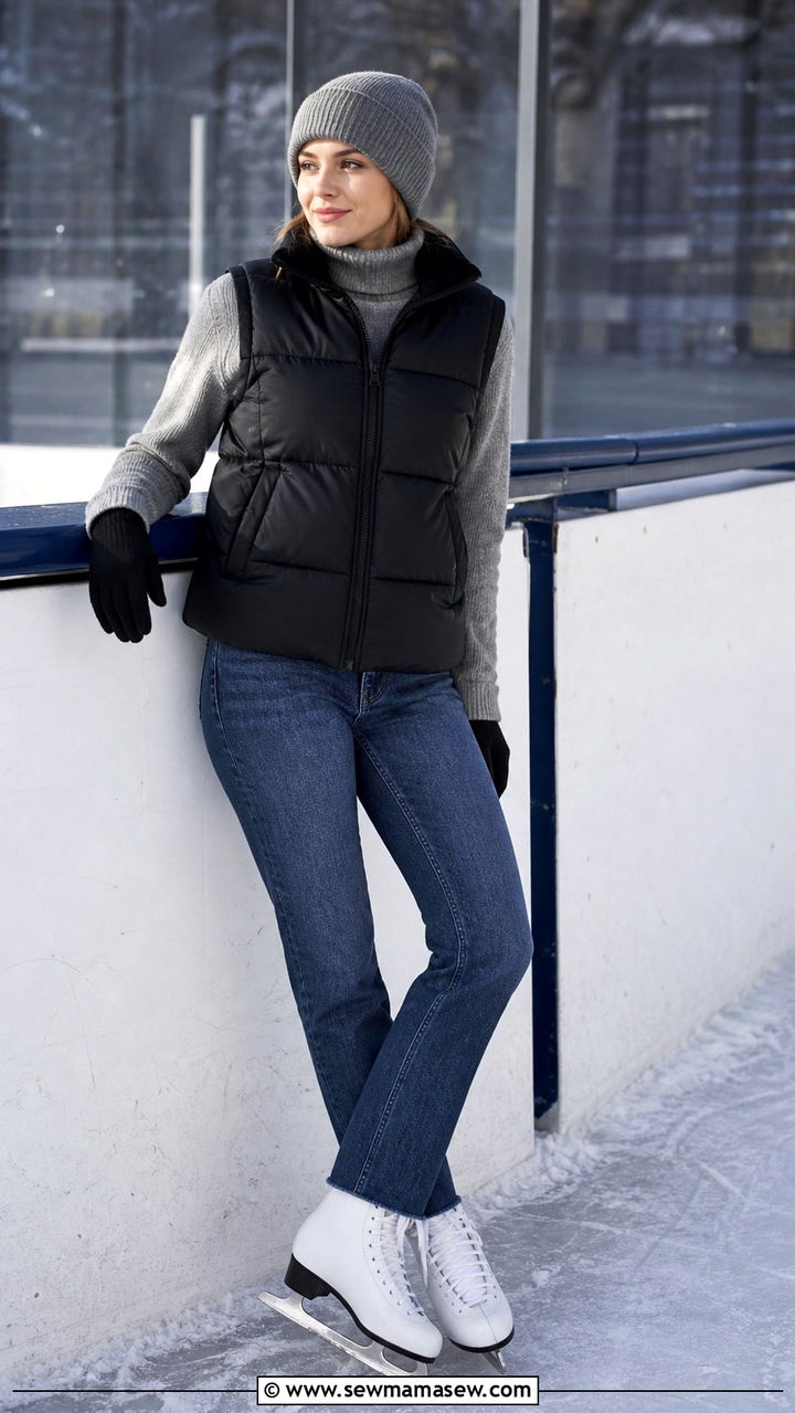 Black puffer vest gray turtleneck and jeans skating outfit - 40 Ice skating outfit ideas