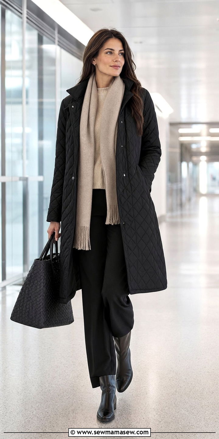 Black quilted coat with cashmere and knee boots - 35 Airport outfit ideas quiet luxury