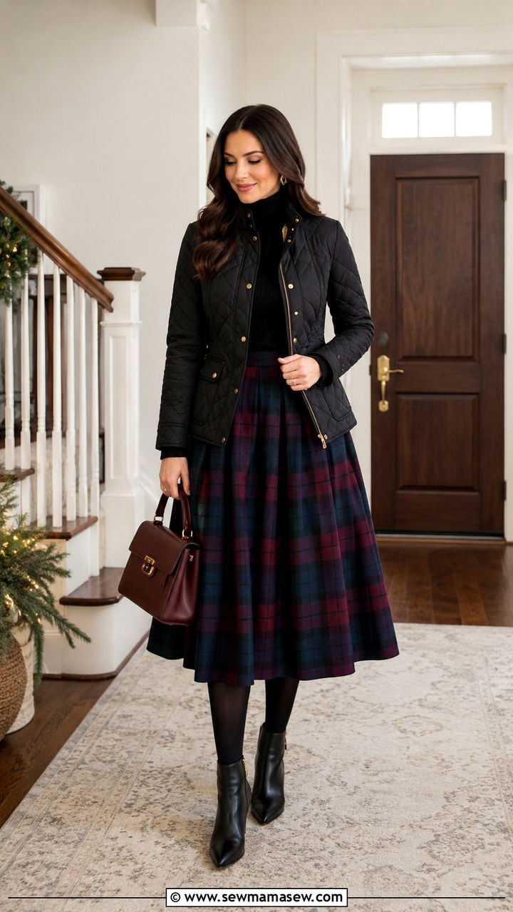 Black quilted jacket with a plaid midi skirt - 25 Old money outfit ideas with quilted jacket