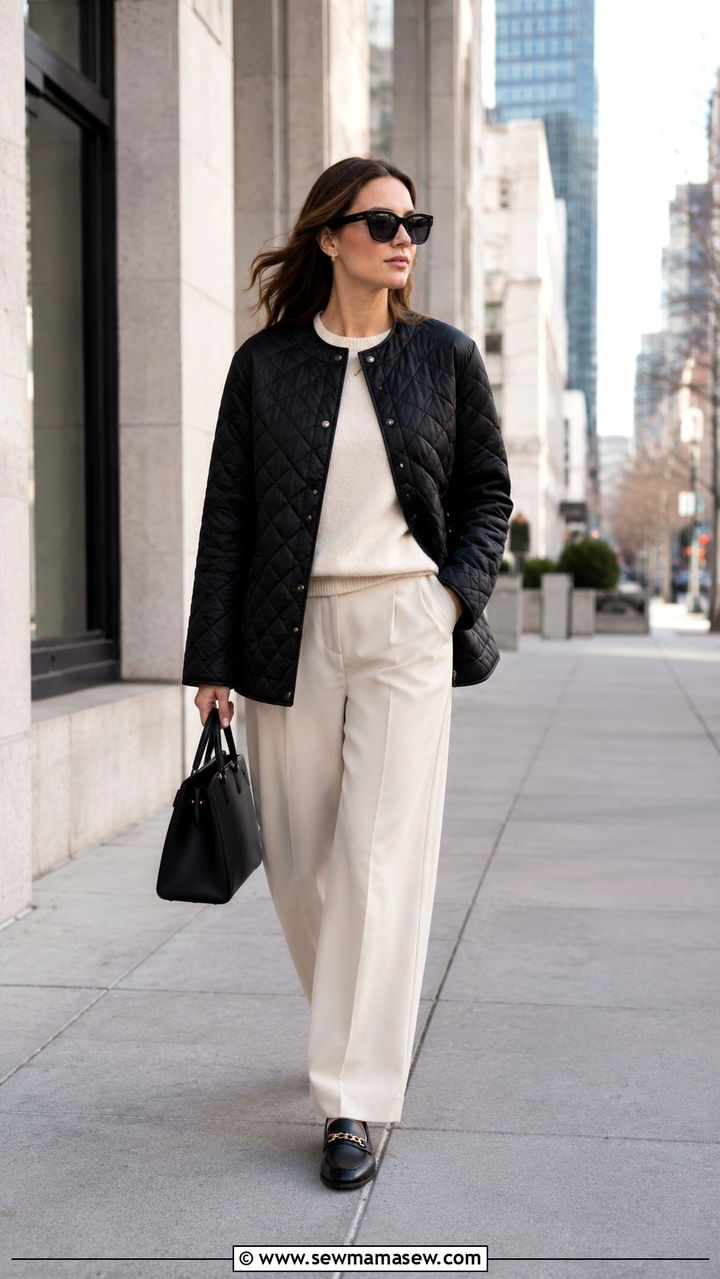 Black quilted jacket with cream monochrome base - 25 Old money outfit ideas with quilted jacket
