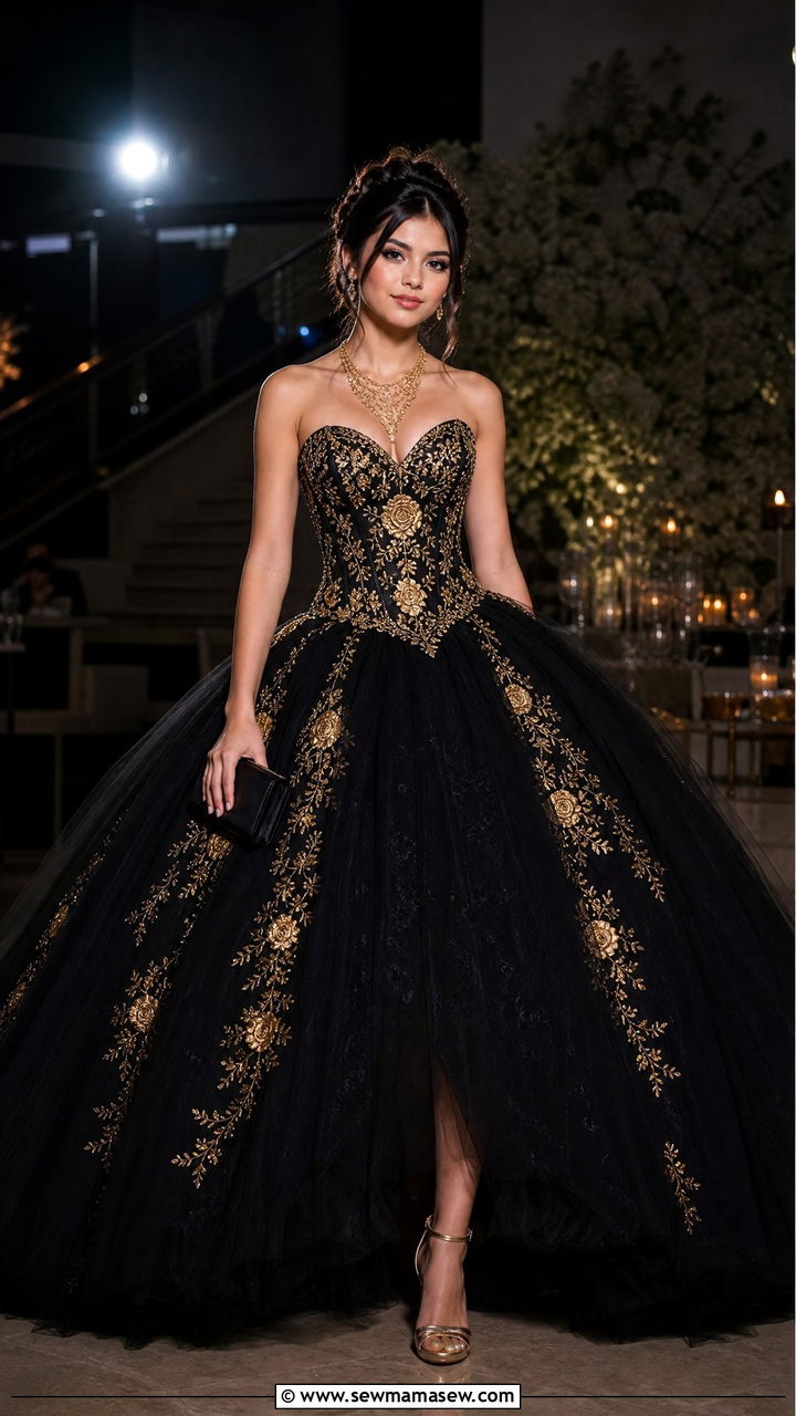 Black quinceanera dress with gold embroidery - 25 Quinceanera outfit ideas