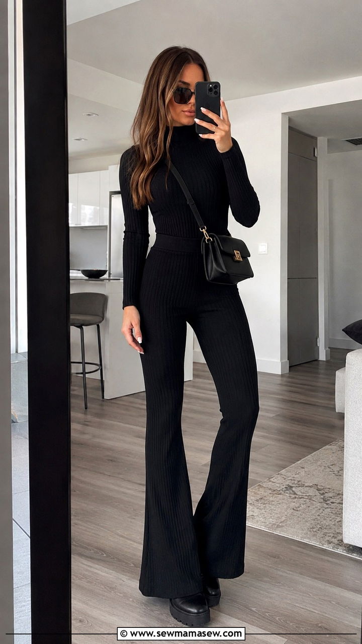 Black ribbed knit sweater and flared pants outfit - 30 Sweater and pants matching set outfit ideas