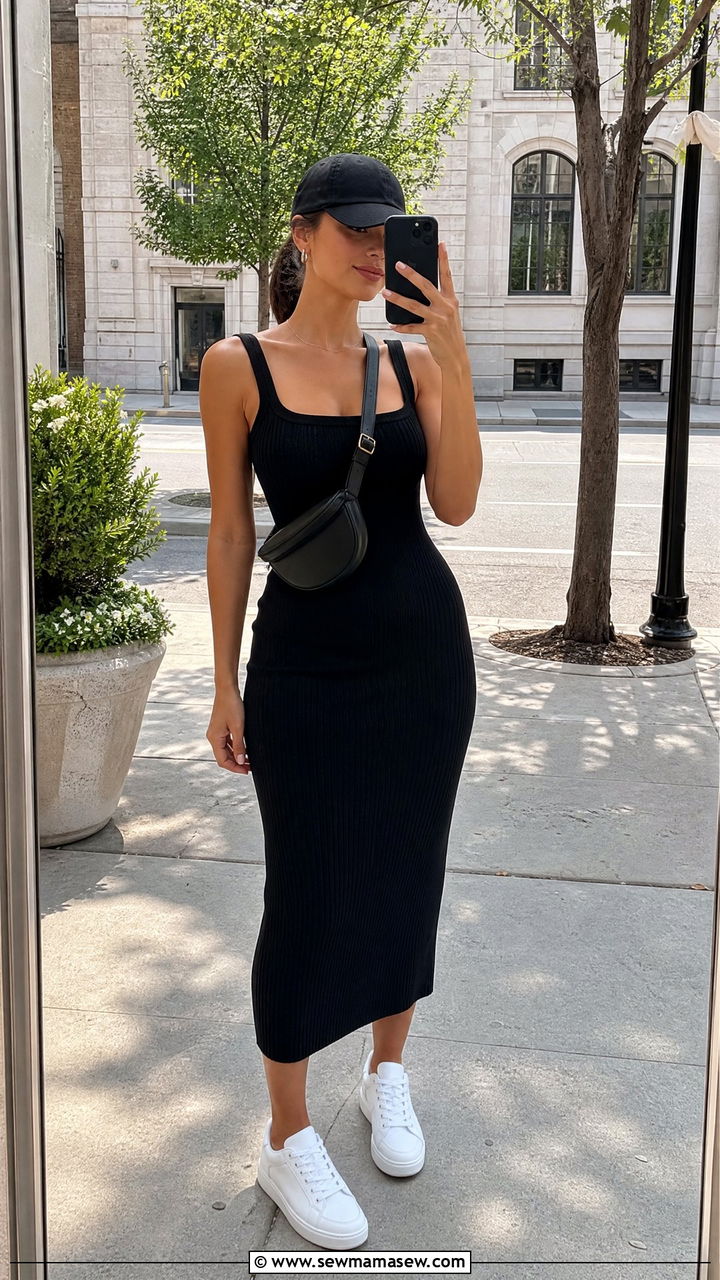 Black ribbed midi dress and white low top trainers - 35 Minimalist spring outfits