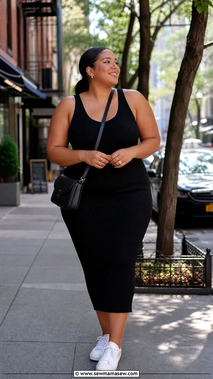 Black ribbed midi dress with white sneakers and a crossbody - 30 Clean girl outfit ideas plus size