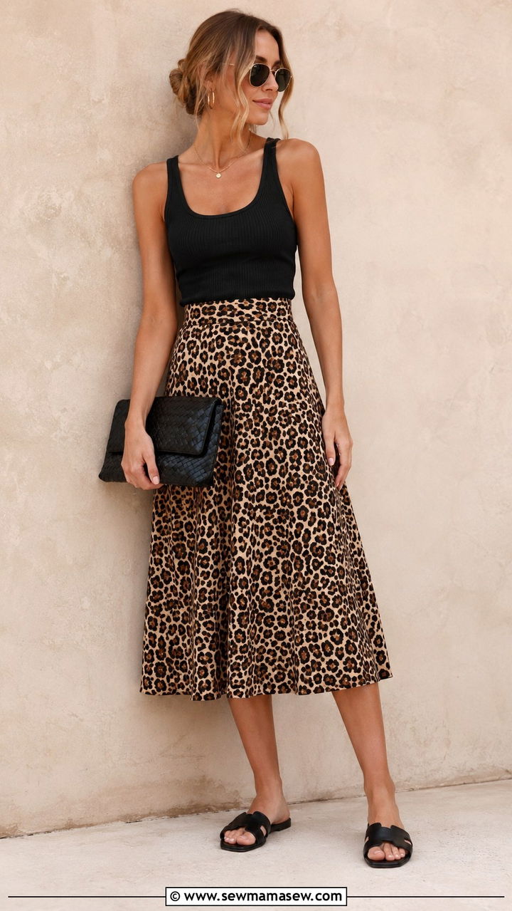 Black ribbed tank with leopard print midi skirt - 20 Simple summer outfit ideas 2026