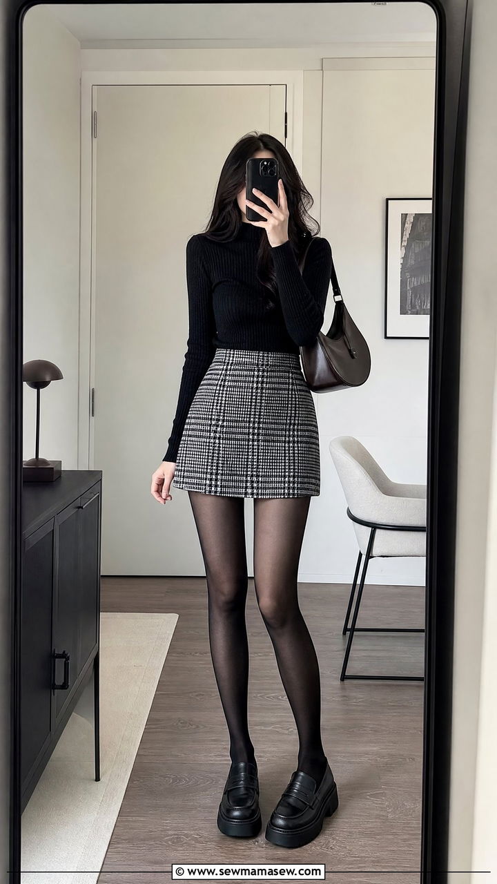 Black ribbed top and checkered skirt outfit - 30 dark academia outfits ideas