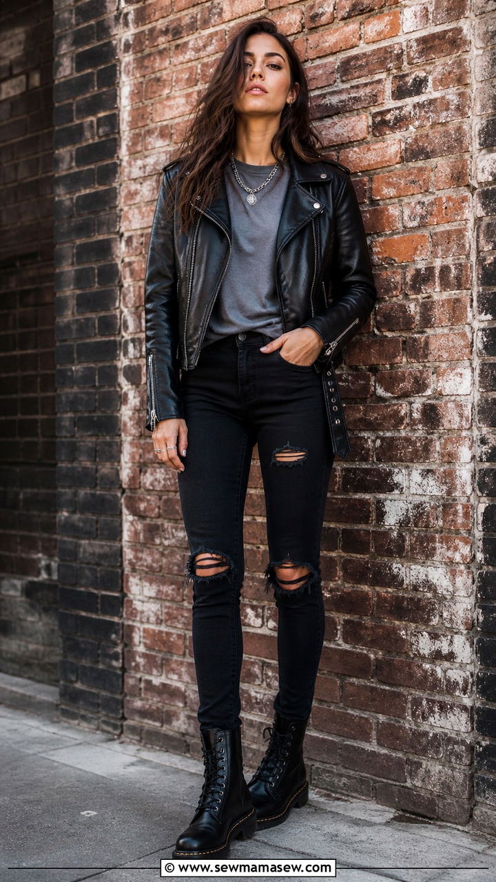 Black ripped jeans with leather jacket and combat boots - 40 Ripped jeans outfit ideas