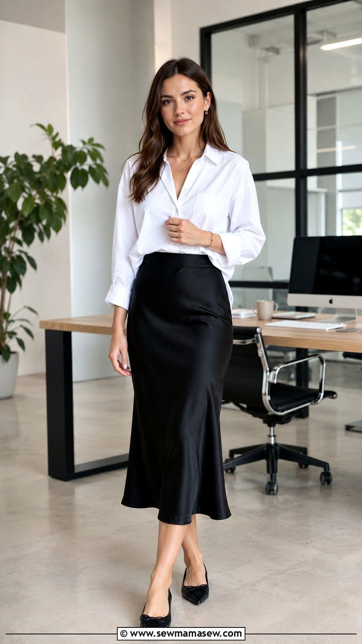 Black satin bias cut midi skirt with a crisp white oversized shirt and pointed toe flats - 25 Petite work outfit ideas with skirt