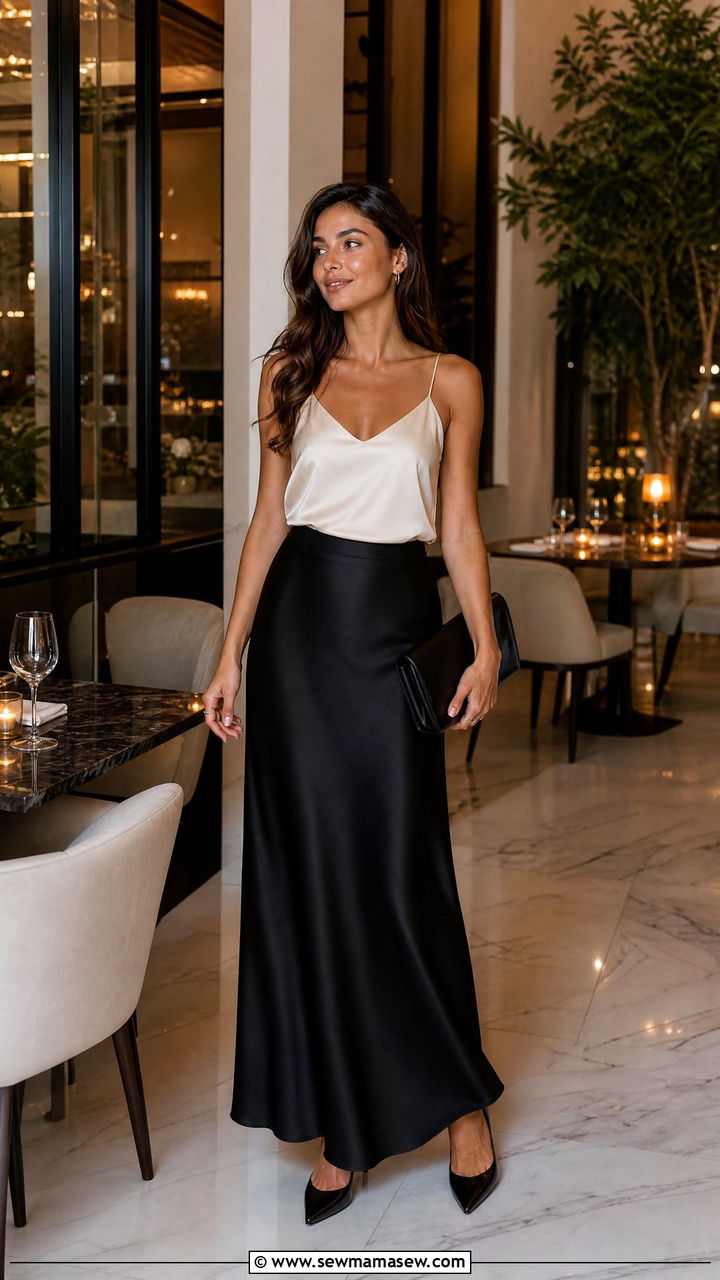 Black satin maxi skirt with kitten heels - 30 Summer outfits with maxi skirts