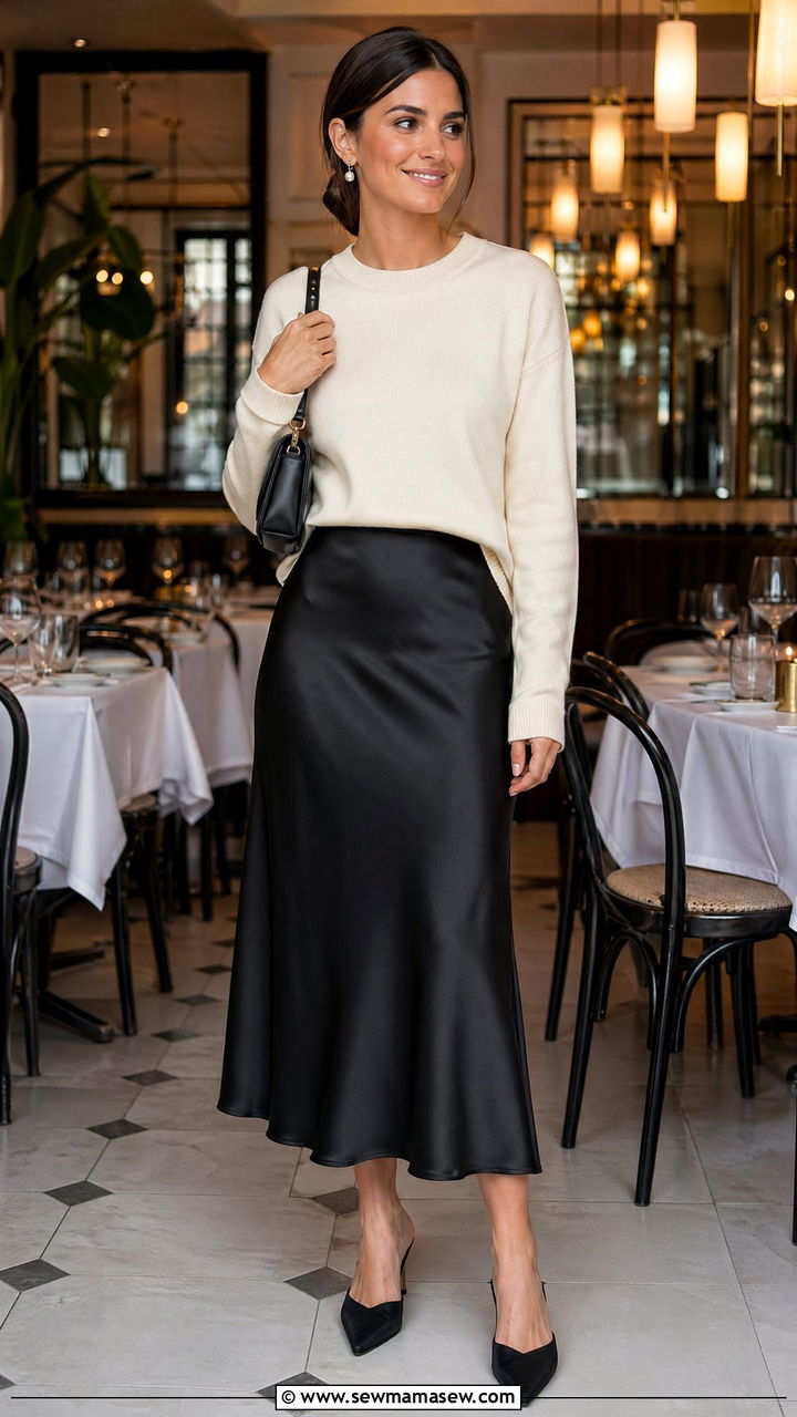Black satin midi skirt with a cream knit top - 35 elegant outfits for women