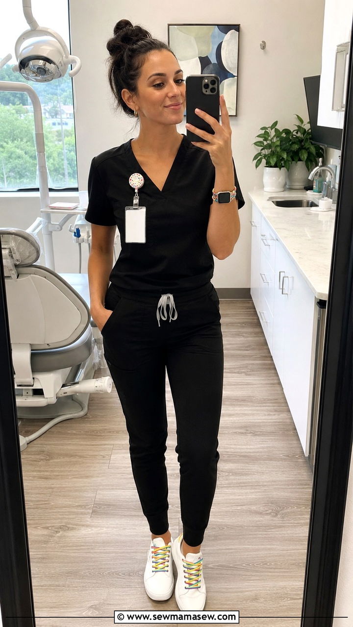 Black scrub outfit with accessories - 30 Dental hygienist outfit ideas