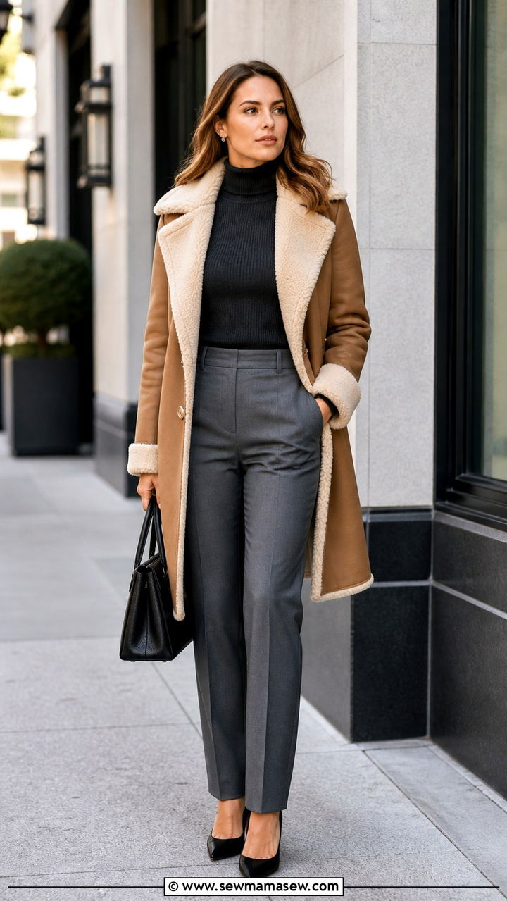 Black shearling coat with all black outfit - 40 Shearling coat outfit ideas