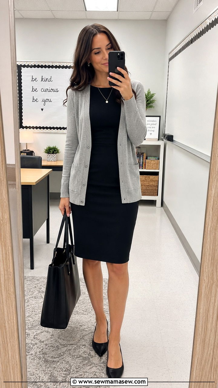 Black sheath dress and cardigan outfit - 30 Interview outfit ideas for teachers
