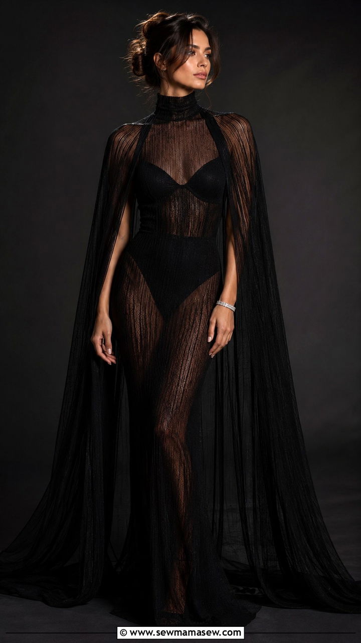 Black sheer maxi dress with a dramatic cape - 20 French girl outfit ideas Lea Seydoux