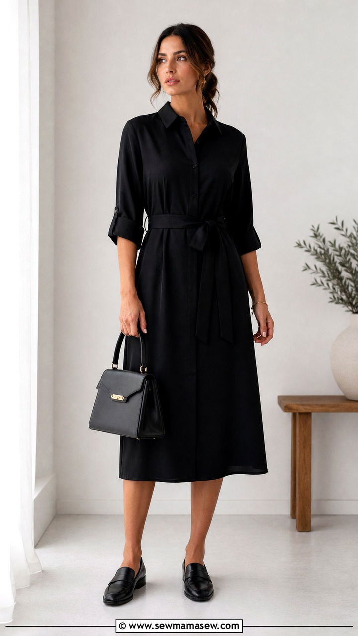 Black shirt dress with belt funeral outfit - 40 Funeral outfit ideas
