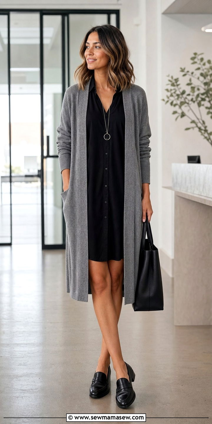 Black shirt dress with long gray cardigan - 25 Shirt dress outfit ideas with a cardigan