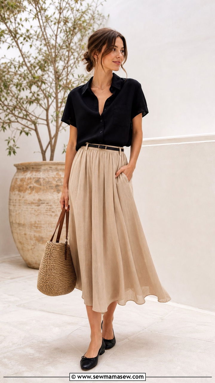 Black short sleeve shirt with beige midi skirt - 35 Business casual outfits for summer heat