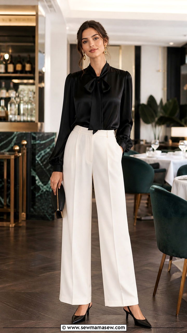 Black silk blouse with ivory wide leg trousers - 40 elegant outfits