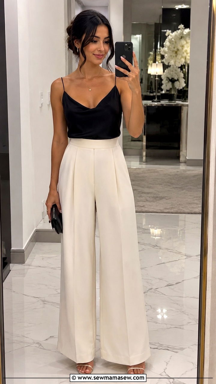 Black silk camisole tucked into ivory palazzo pants - 25 Petite wide leg pants outfit ideas