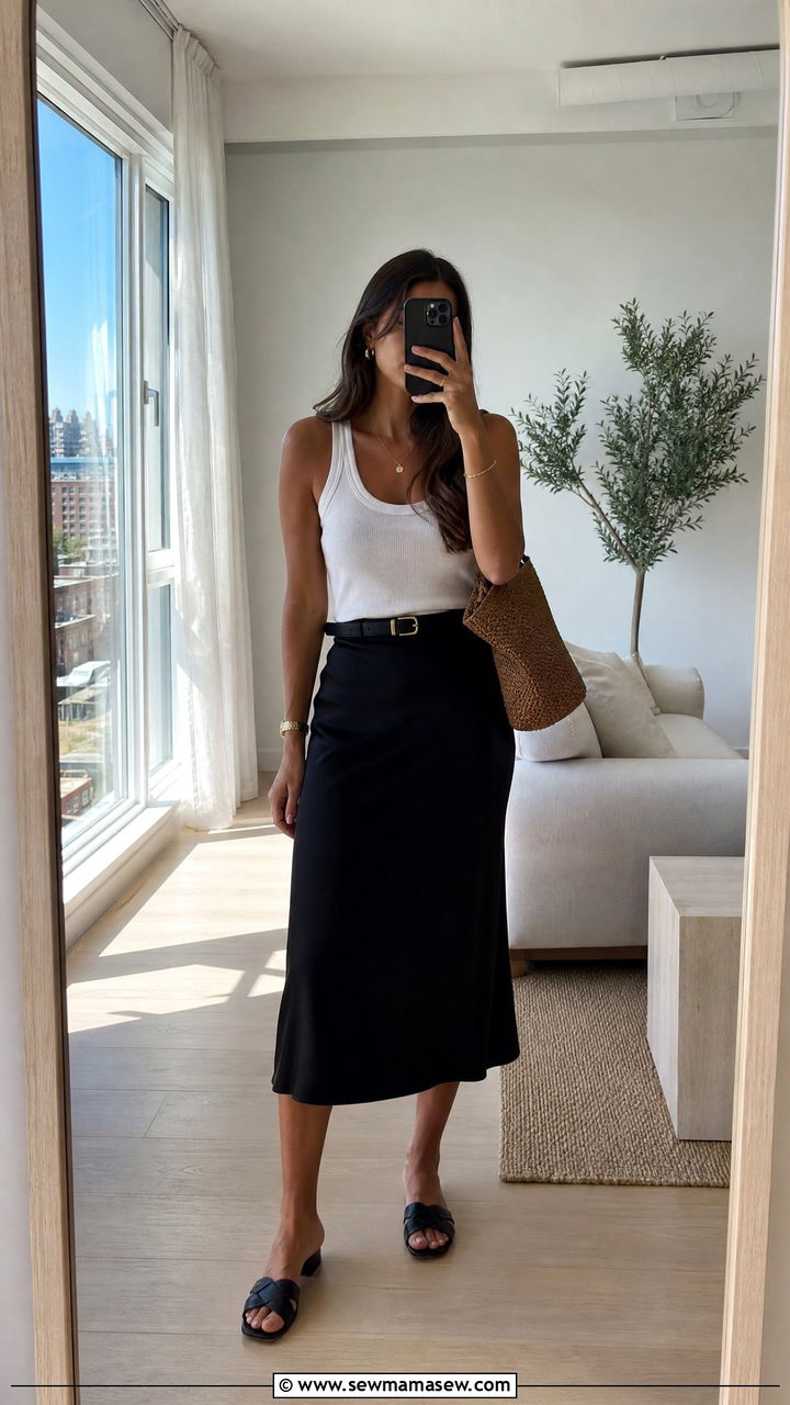 Black silk midi skirt and white tank - 30 Summer silk outfits