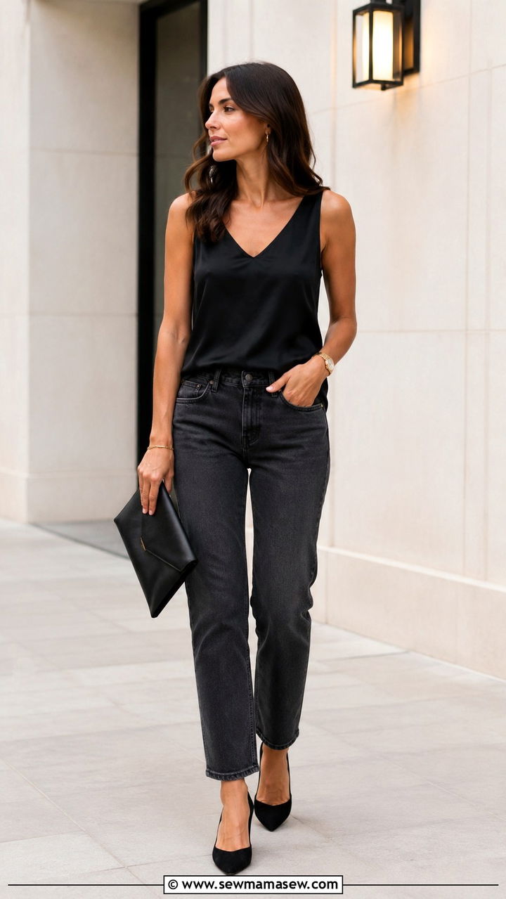 Black silk shell top with charcoal straight leg jeans - 30 quiet luxury capsule wardrobe outfits