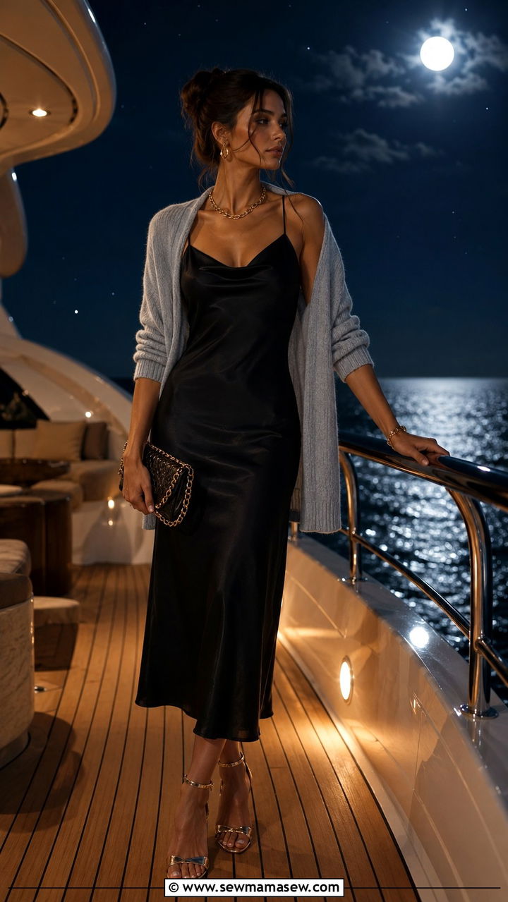 Black silk slip dress with lightweight cardigan - 25 Yacht club outfit ideas