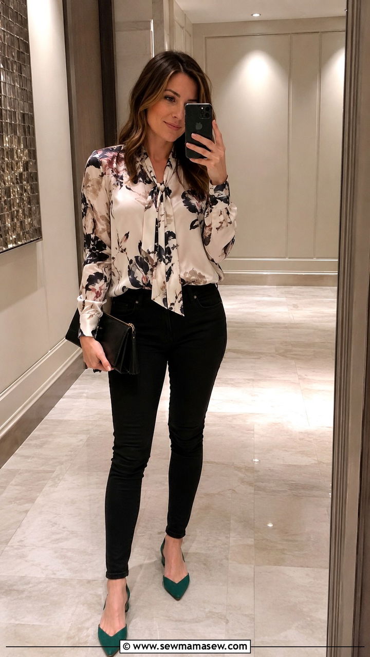 Black skinny jeans with dOrsay flats and blouse - 30 Skinny jeans outfit ideas with flats