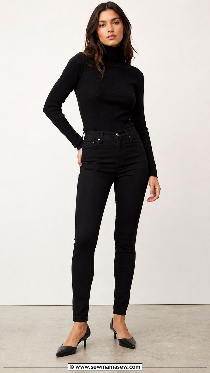 Black skinny jeans with kitten heels and turtleneck - 30 Skinny jeans outfit ideas with heels