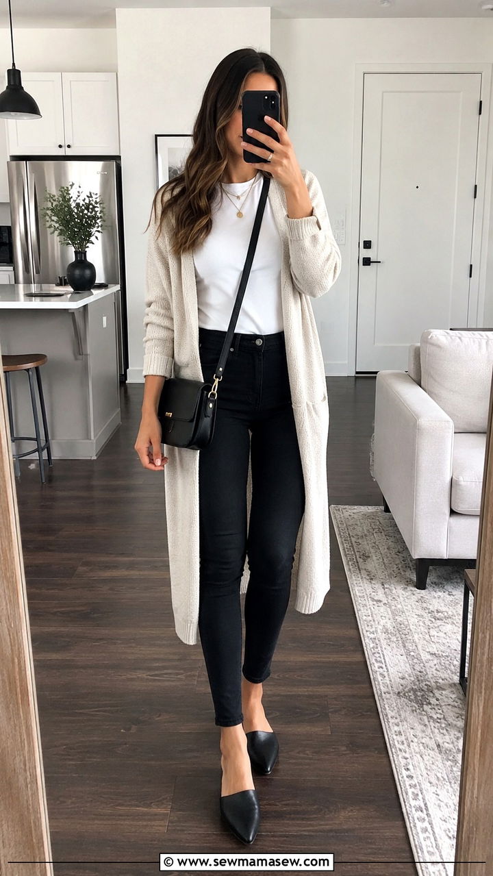 Black skinny jeans with long cardigan and heels - 30 Tall women jeans outfit ideas