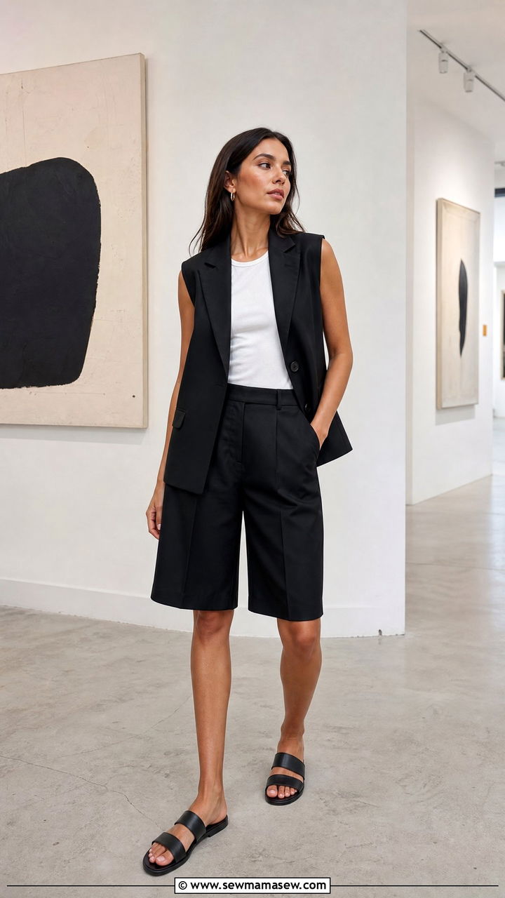 Black sleeveless blazer and bermuda short coord set - 30 Coord set outfit ideas for photoshoot