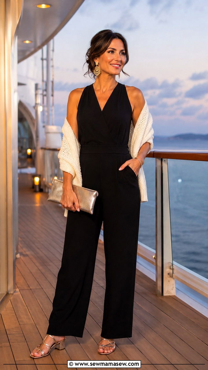 Black sleeveless jumpsuit with gold statement earrings outfit - 30 Small ship cruise outfit ideas