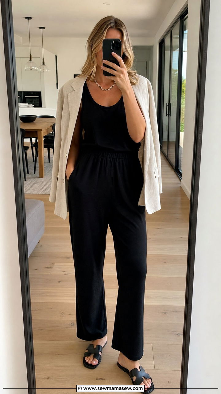 Black sleeveless jumpsuit with slides - 30 Summer loungewear outfit ideas
