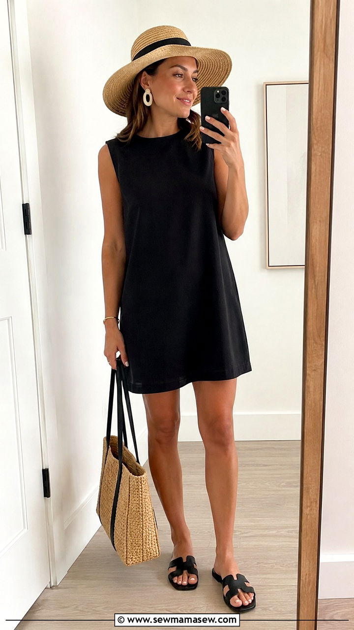 Black sleeveless shift dress with flat sandals - 30 Shift dress outfit ideas for summer
