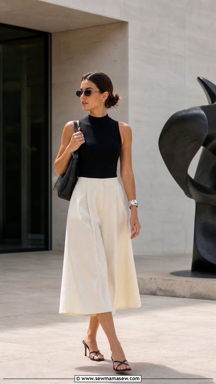 Black sleeveless top and cream wide leg culottes - 35 Minimalist spring outfits