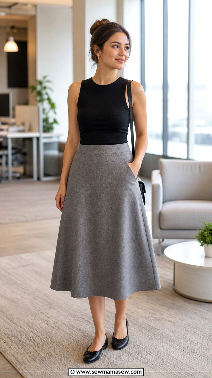 Black sleeveless top with A line midi skirt and ballet flats outfit - 40 New job outfit ideas
