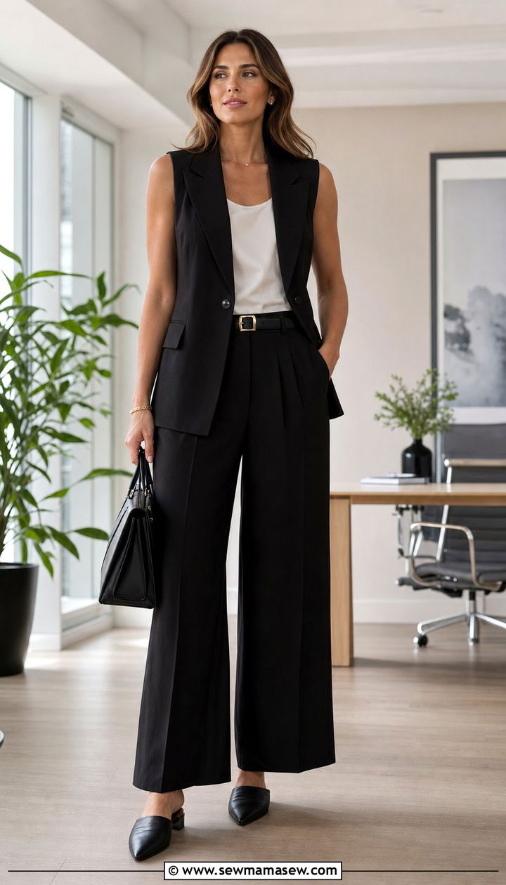 Black sleeveless vest and trousers office look - 25 Corporate outfit ideas 2026