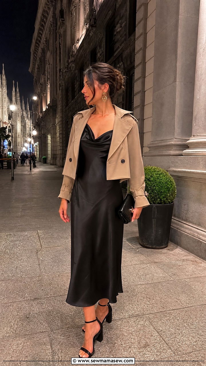 Black slip dress and cropped trench with block heels - 35 Italy spring outfit ideas