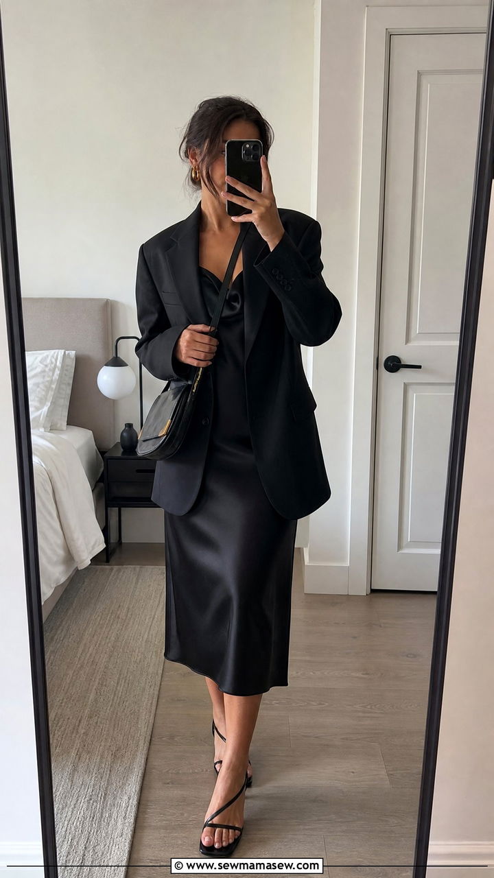 Black slip dress with tailored blazer - 30 minimalist outfits for women