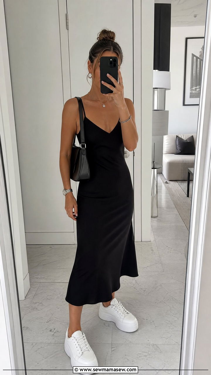 Black slip dress with white sneakers city break outfit - 30 summer city break outfit ideas