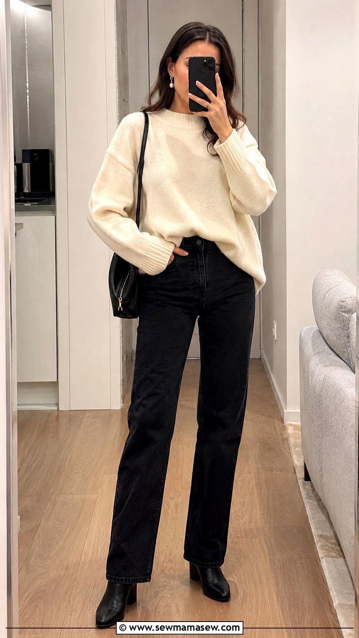 Black straight leg jeans with cream sweater outfit - 30 Straight leg jeans outfit ideas with a sweater