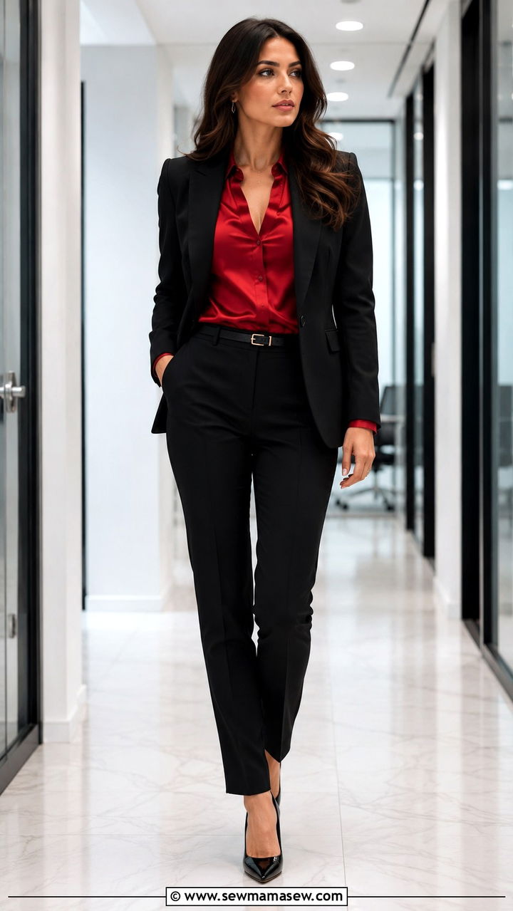 Black suit and red blouse - 25 Red and black outfit ideas