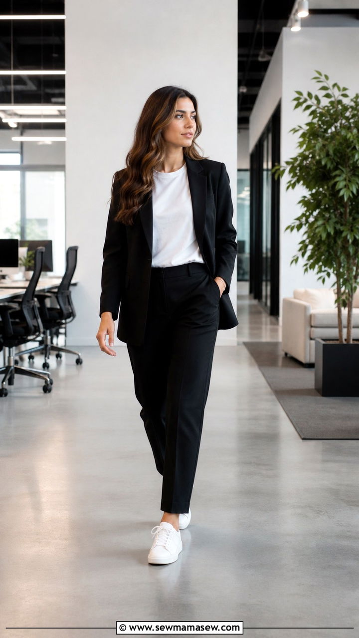 Black suit with white leather sneakers for casual office outfit - 40 New job outfit ideas