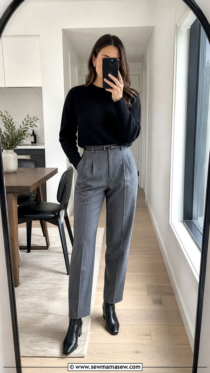 Black sweater and tailored grey trousers outfit - 40 office outfits
