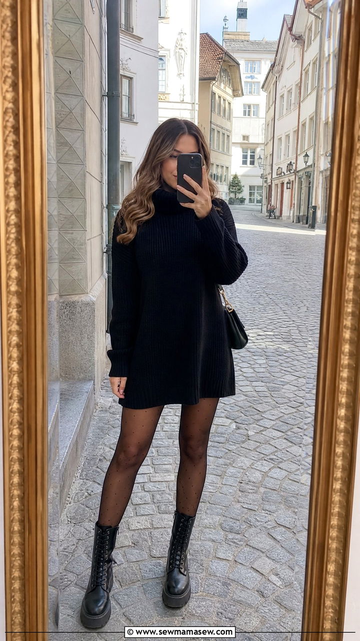 Black sweater dress and chunky boots Lucerne - 35 Lucerne outfit ideas